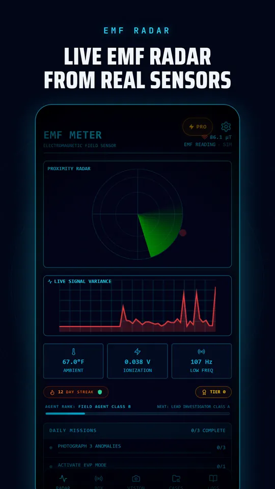 EMF radar with live sensor readings